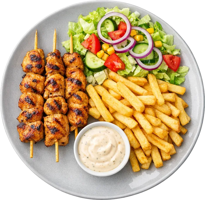 Kycklingspett – Tre spett med pommes och sallad